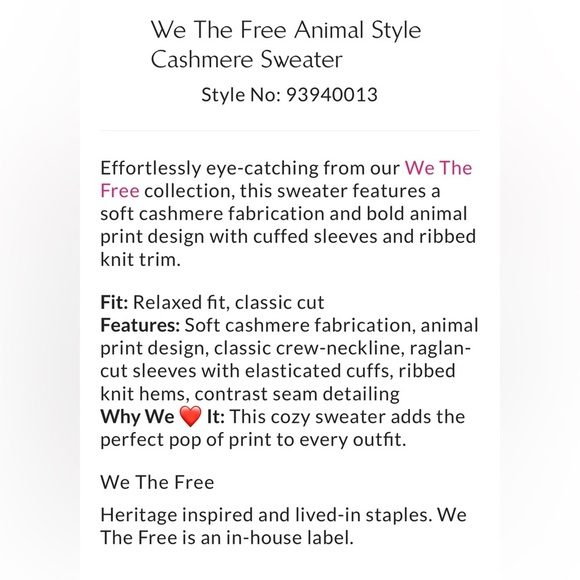 NWT We The Free Animal Style Cashmere Sweater - Picture 3 of 9